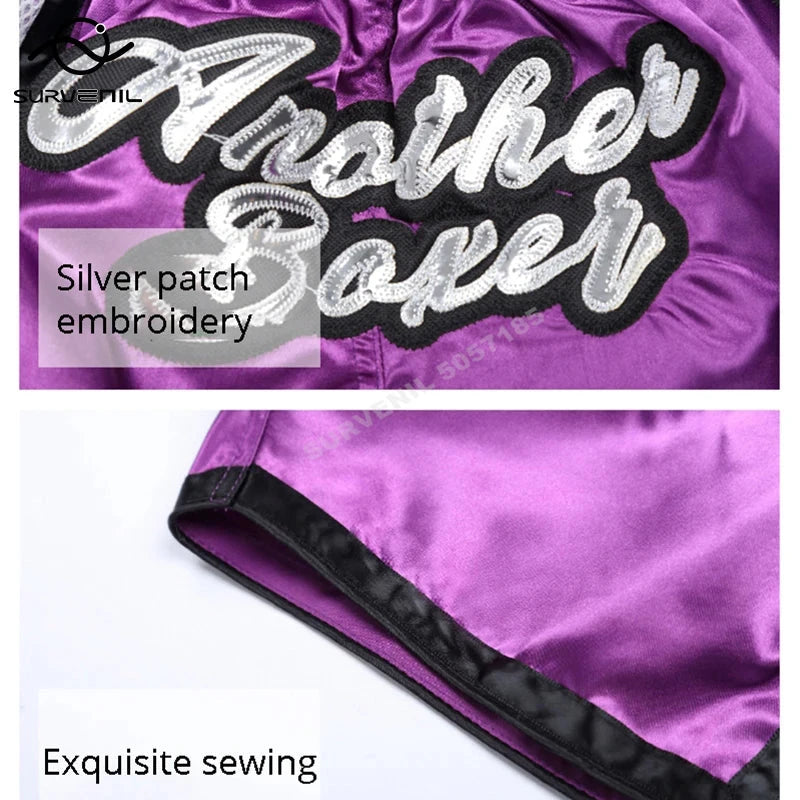 Muay Thai Pants Embroidery Boxing Shorts Women Men Satin Fight Kickboxing Training Trunks Kids Boy Girl Martial Arts MMA Clothes exovai.com
