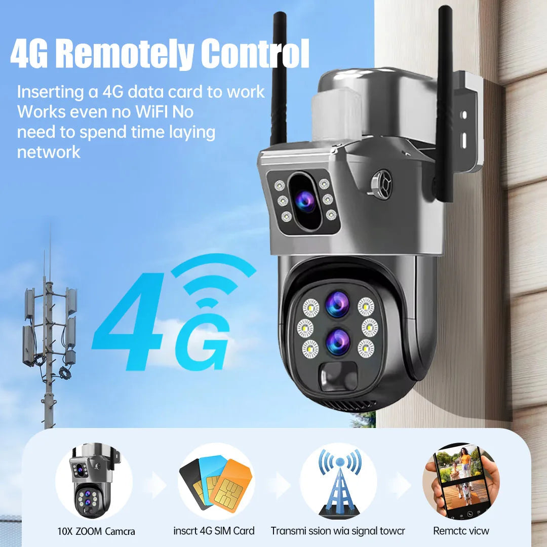 10X Optical Zoom 4G SIM Solar Camera 6K 12MP Three Lens WiFi Outdoor Surveillance Camera PIR Auto Tracking Solar Security CCTV exovai.com