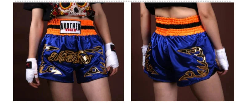 Muay Thai Pants Embroidery Boxing Shorts Women Men Satin Fight Kickboxing Training Trunks Kids Boy Girl Martial Arts MMA Clothes exovai.com