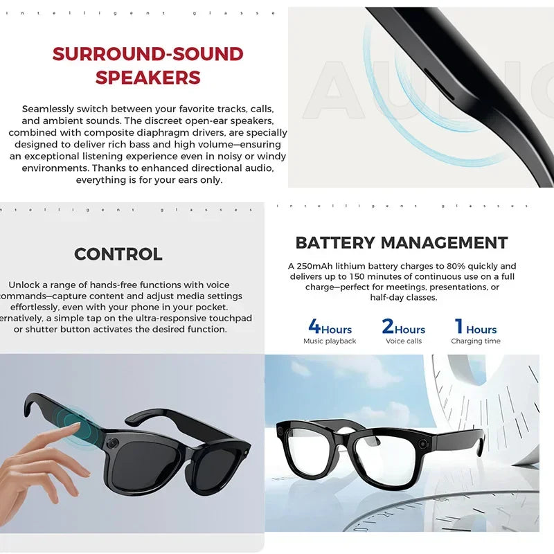 New Smart Glasses AI Voice Assistant Earphones Video/Audio Recording Translation Bluetooth Call Fashion Glasses For Women Men exovai.com