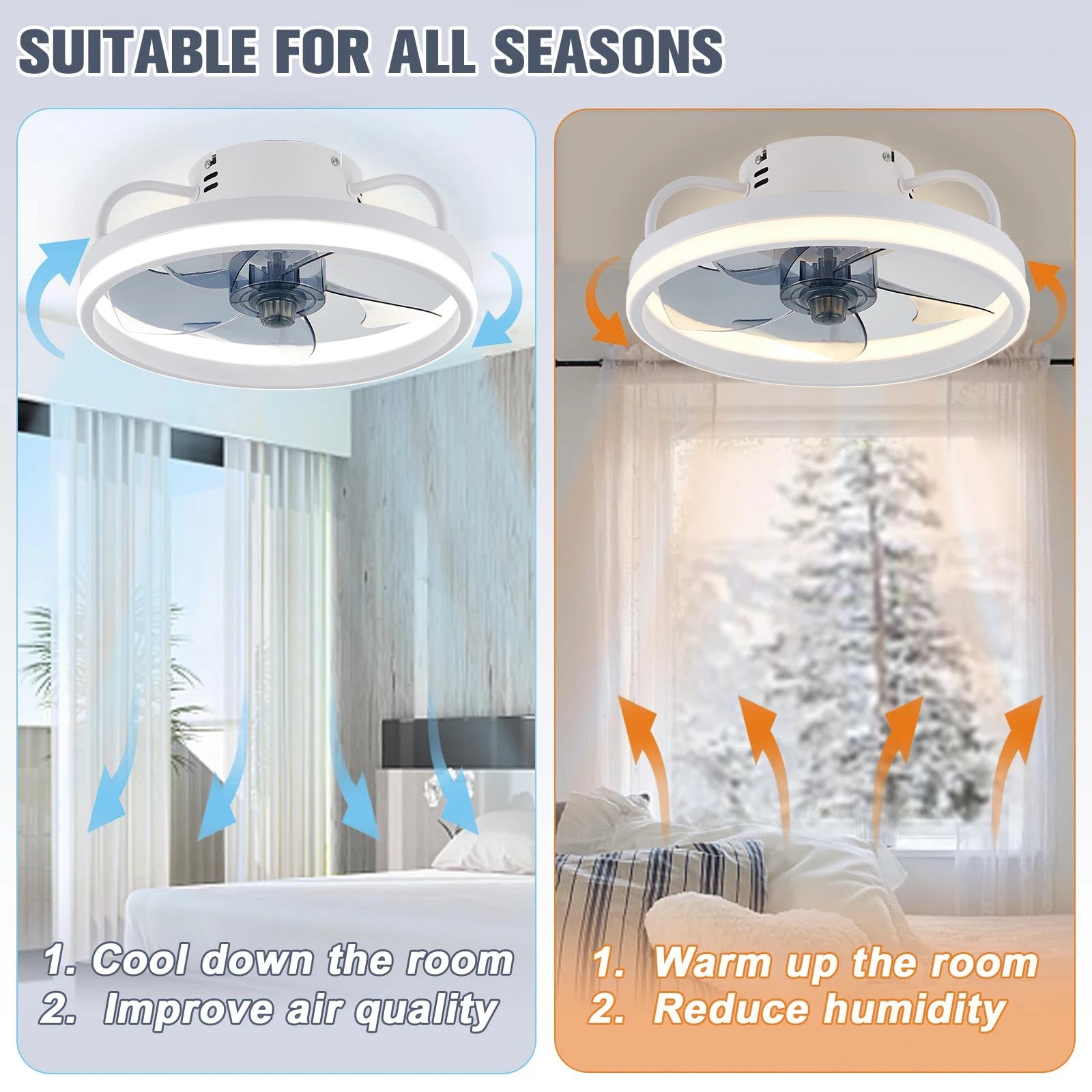 Ceiling fan with adjustable LED reversible blade timing and remote control, 5 invisible blades semi embedded installation exovai.com