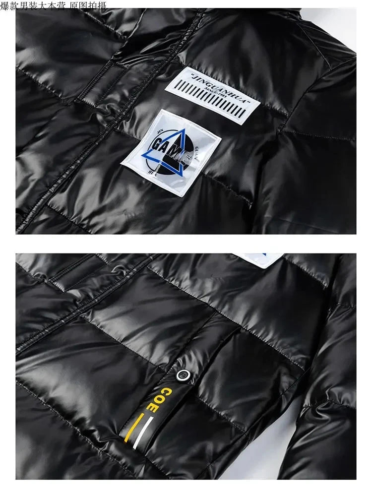 New Bright Leather Men Thicken Warm Winter Jacket Casual Parka Outwear Autumn Waterproof Stand Collar Hooded Coat Clothing exovai.com