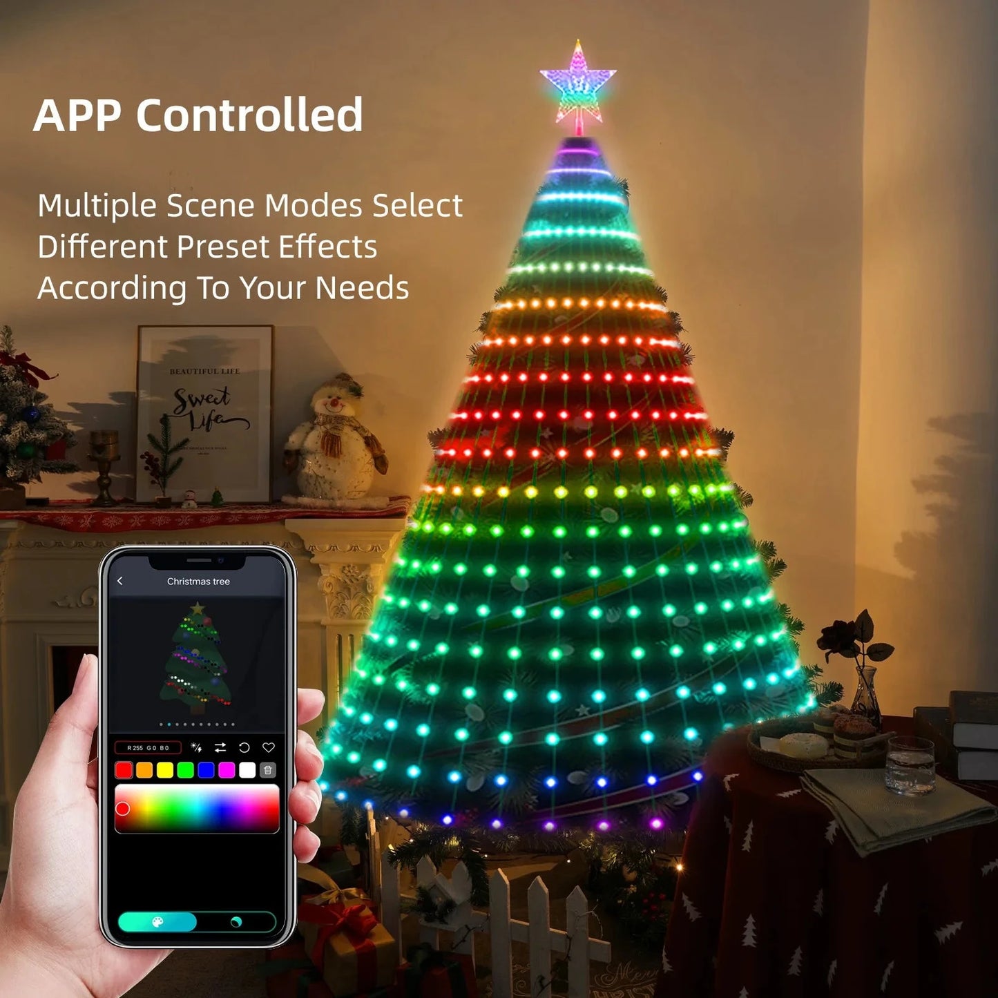 1.8/2.1m Smart APP Christmas Tree Star Lights RGB LED Fairy String Light DIY Picture Xmas Decoration Lighting for Home Holiday exovai.com