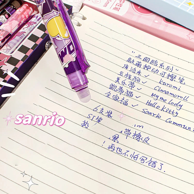6pcs Kawaii Children Gel Pen Hello Kitty Cartoon Kuromi ST Erasable Black 0.5mm Press The Ballpoint Pen Learning Stationery Gift exovai.com