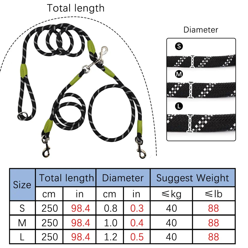 1 PC Hands Free Dog Leash for 2 Dogs Reflective Running Dual Dog Leash 360° Swivel Leash for Pet Outdoor Walking Jogging Hiking exovai.com
