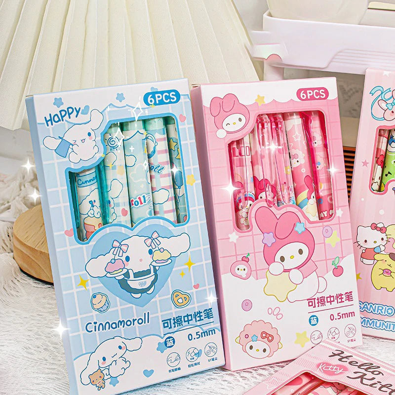 6pcs Kawaii Children Gel Pen Hello Kitty Cartoon Kuromi ST Erasable Black 0.5mm Press The Ballpoint Pen Learning Stationery Gift exovai.com