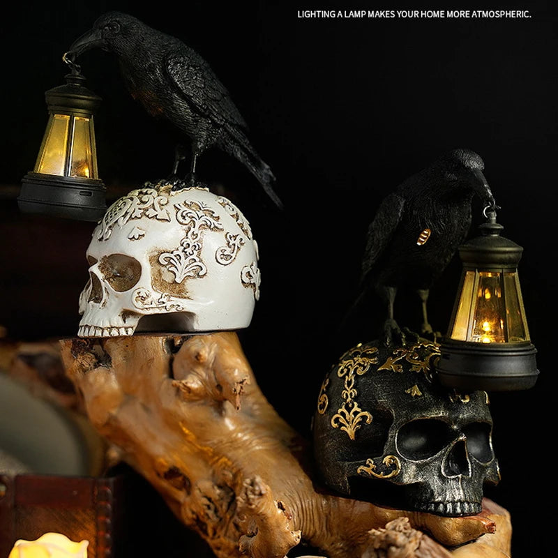 Halloween Crow Skull Night Light Table Lamp Halloween Decorative Skull Lamp Gothic Decorative Night Light Resin Craftsmanship exovai.com