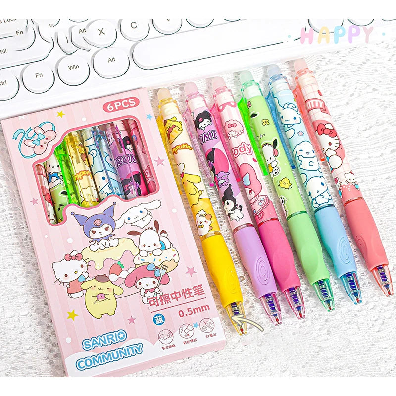 6pcs Kawaii Children Gel Pen Hello Kitty Cartoon Kuromi ST Erasable Black 0.5mm Press The Ballpoint Pen Learning Stationery Gift exovai.com