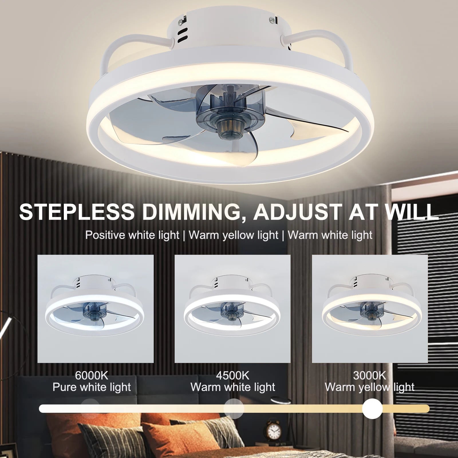 Ceiling fan with adjustable LED reversible blade timing and remote control, 5 invisible blades semi embedded installation exovai.com