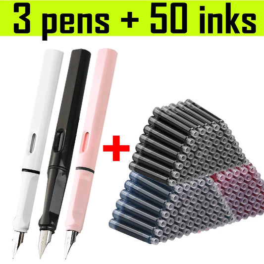 53Pcs Fountain Pen Set School Student Pens Replacable Ink Set Black/Blue/Red ink 0.38 mm Office Writing Supplies Stationery exovai.com