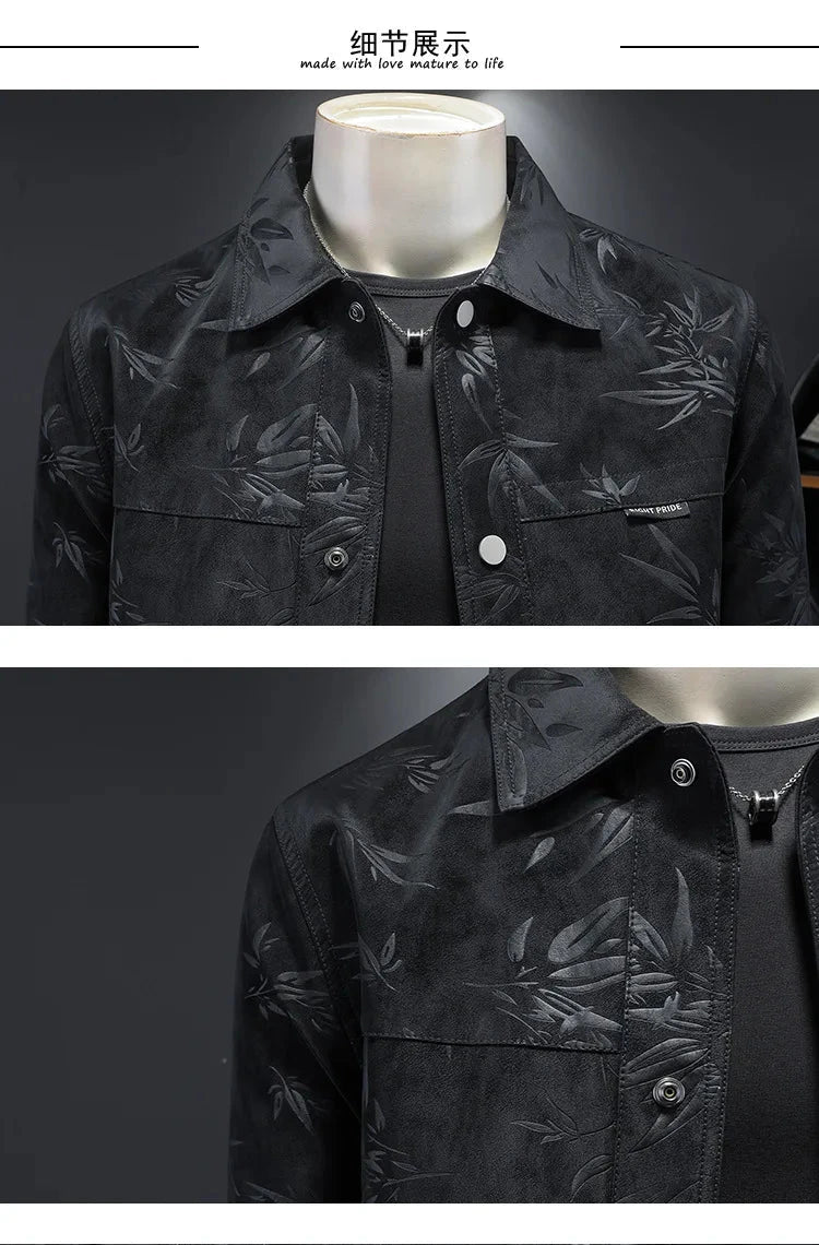 Luxury Flocking Bomber Jacket Mens 2025 Autumn Business Vintage Casual Slim Jacket Lapel Single Breasted Jacquard Coats Jacket exovai.com