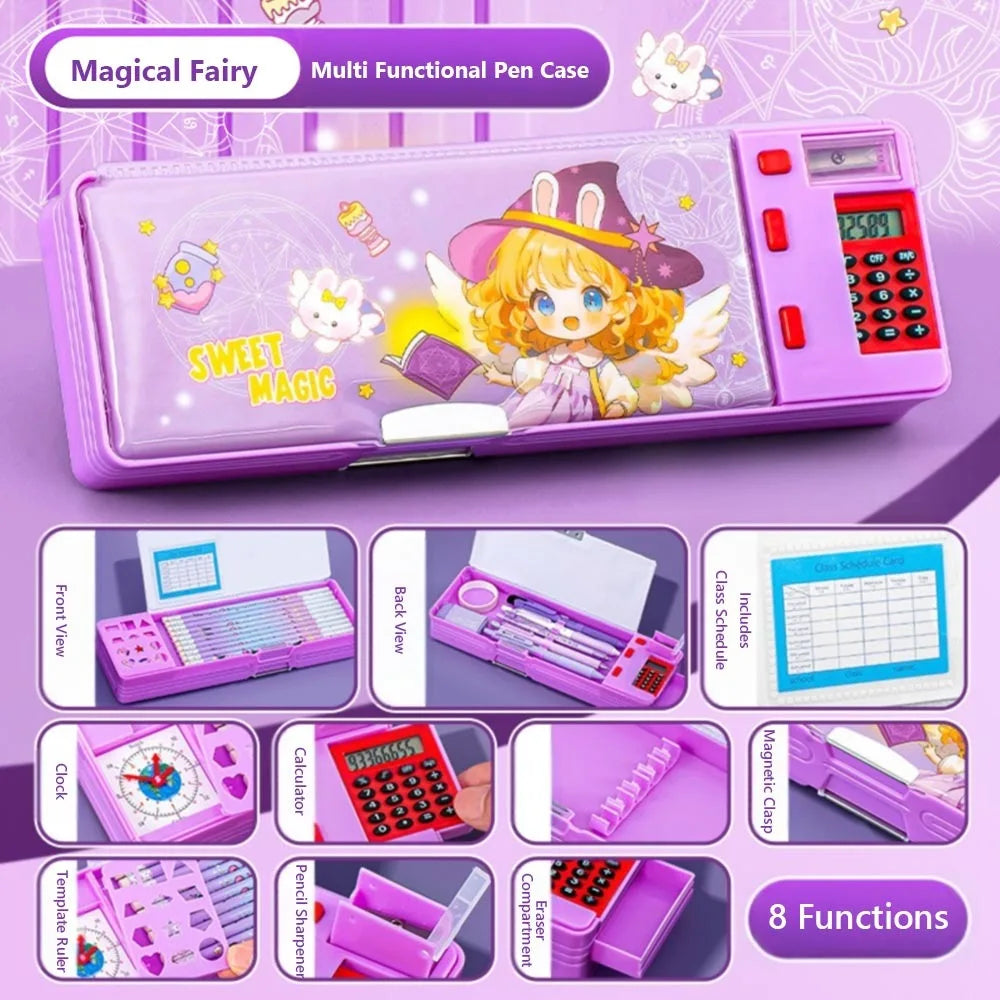 Plastic Pencil Case With Calculator/Pencil Sharpener Double Sided Use Pencil Box Large Capacity Multi-Functional exovai.com