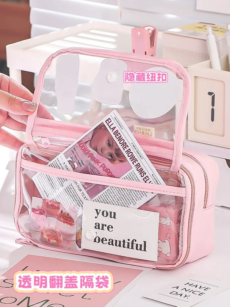 New Pencil Bag Kawaii Student Translucent Stationery Box DIY Large Capacity Stationery Storage Bag School Stationery Supplies exovai.com