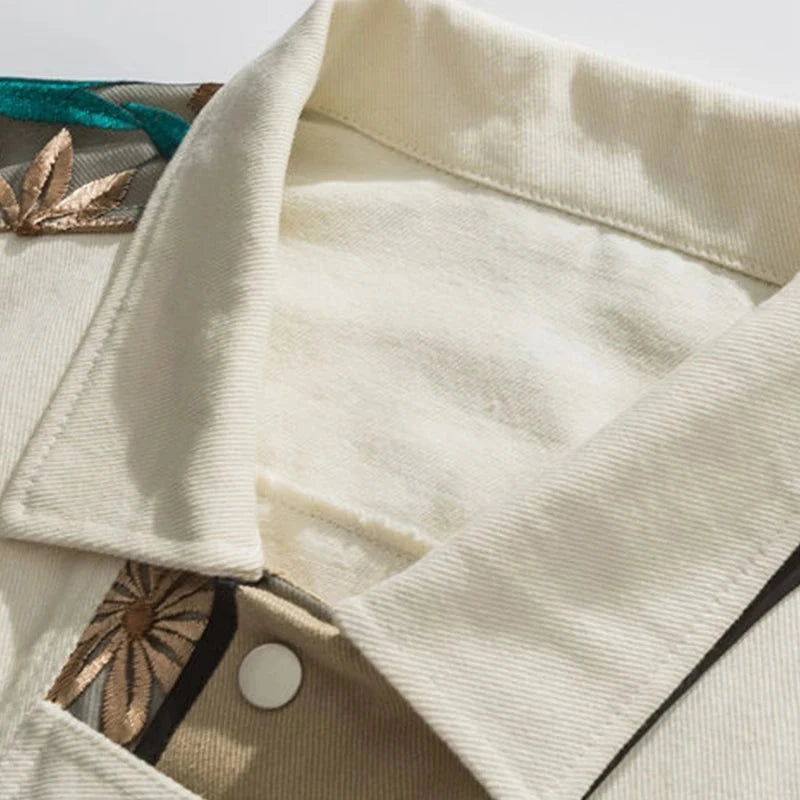 Vintage Floral Embroidery Patchwork Men Apricot Jacket Casual Turn Down Collar 2025 Spring Hip Hop Mens Loose Coat exovai.com