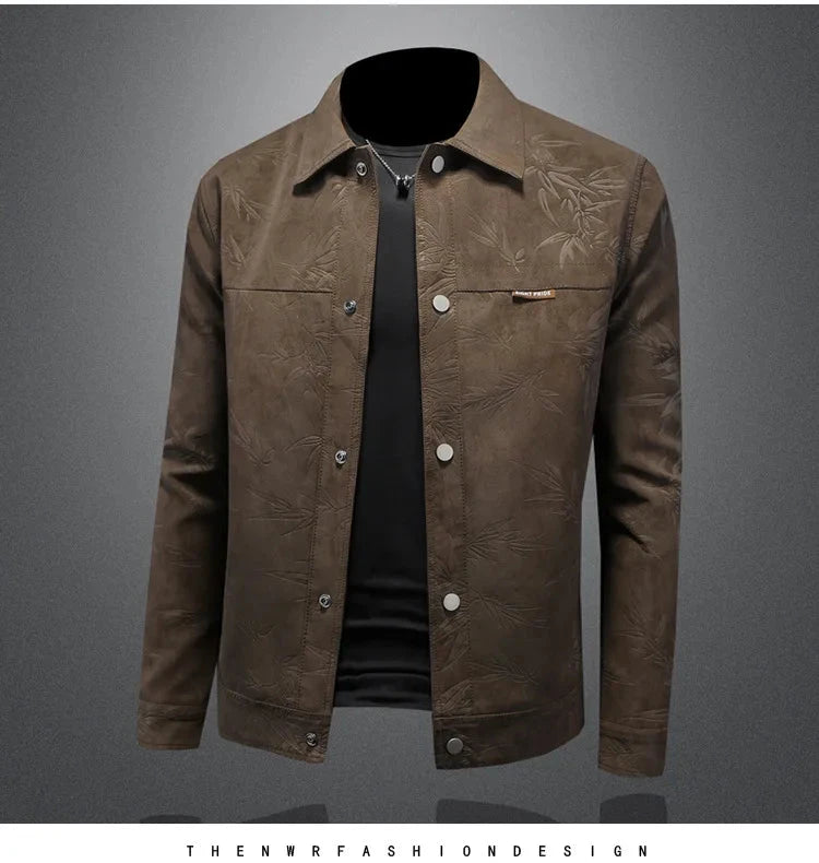 Luxury Flocking Bomber Jacket Mens 2025 Autumn Business Vintage Casual Slim Jacket Lapel Single Breasted Jacquard Coats Jacket exovai.com