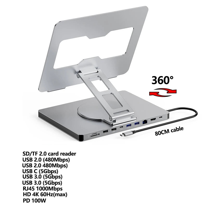 Laptop Stand for MacBook Pro Air Dell HP Surface 360° Rotatable Foldable with USB Hub Card Reader RJ45 Universal Bracket Holder exovai.com