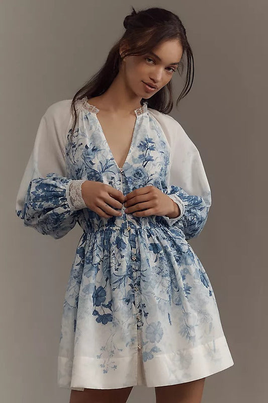 LuneluX™ – Vintage Puff Sleeve Stand Collar Dress Carmine Juneberry