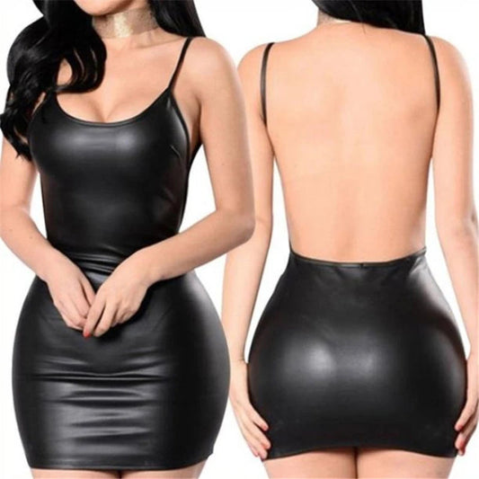 Sexy Faux Leather Dress Backless Club Party Short Dress Solid Black Wet Look Latex Bodycon Push Up Bra Mini Micro Dress exovai.com